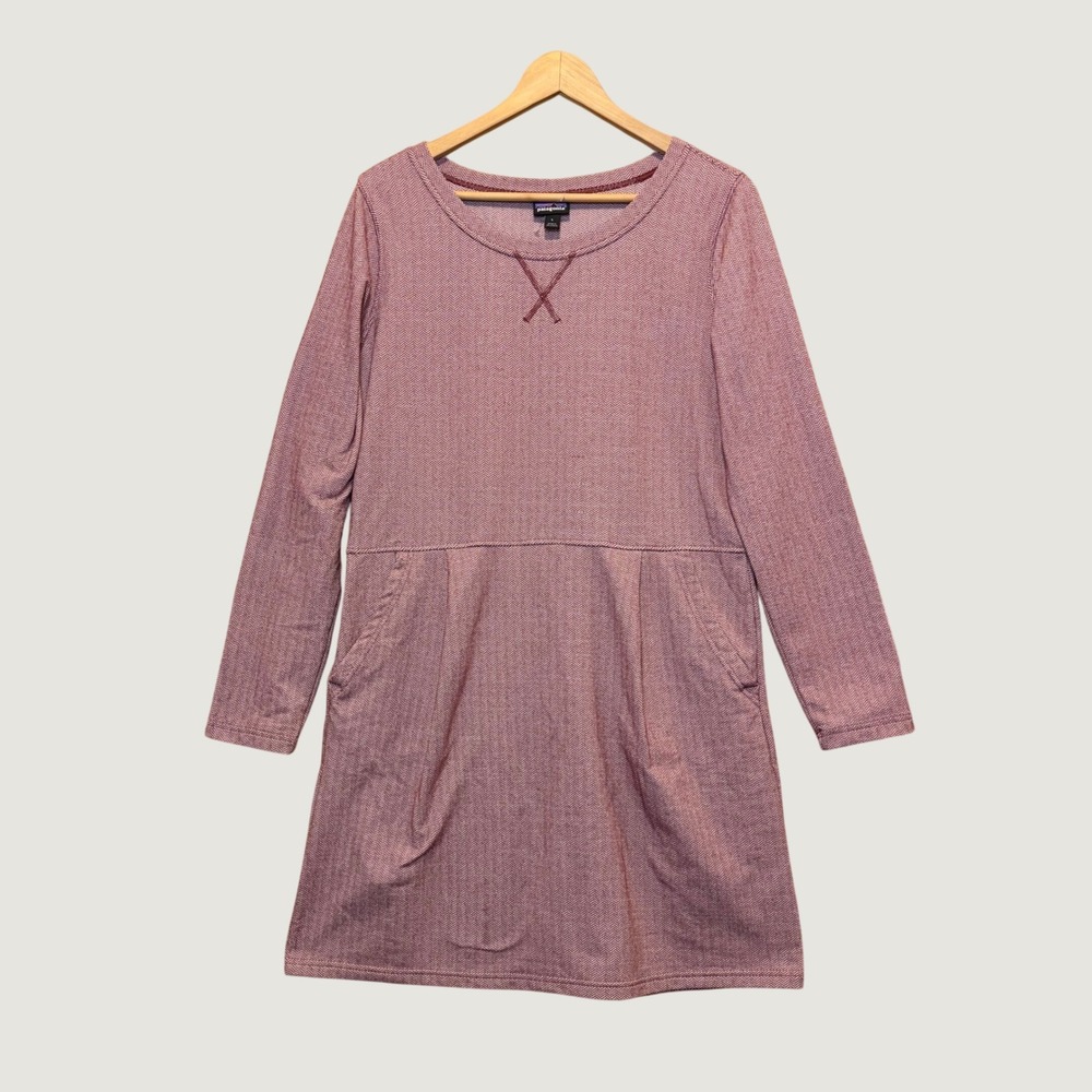 Patagonia Ahnya Long Sleeve Dress Large Red Pockets Utility Chevron Herringbone